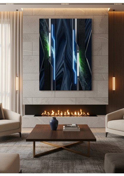 Modern Soyut Geometrik Kanvas Tablo | Mavi Yeşil Neon Işık Tasarımı
