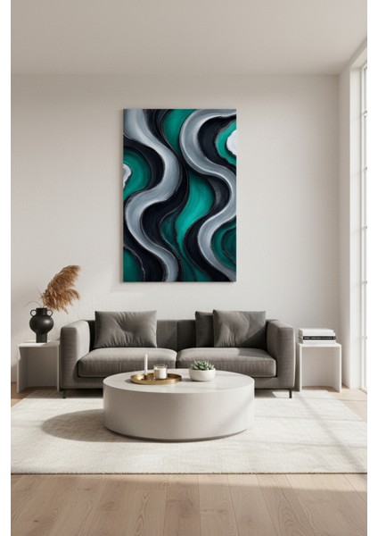 Modern Soyut Dalgalı Kanvas Tablo | Turkuaz Siyah Gümüş Dekoratif Duvar Sanatı