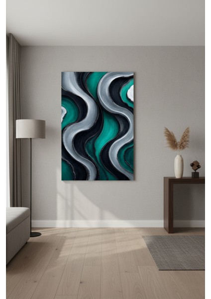 Modern Soyut Dalgalı Kanvas Tablo | Turkuaz Siyah Gümüş Dekoratif Duvar Sanatı fiyatları