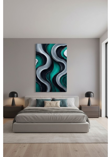 Modern Soyut Dalgalı Kanvas Tablo | Turkuaz Siyah Gümüş Dekoratif Duvar Sanatı modelleri