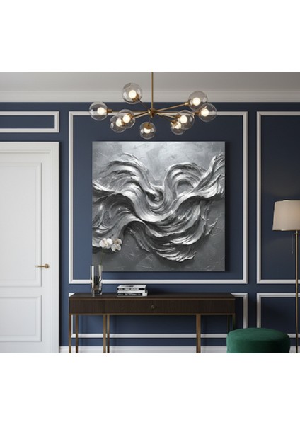 Tablo Gümüş Rengi Kabartma Efektli Soyut Dalga Formunda, Modern Kanvas Tablo 3D fiyatları