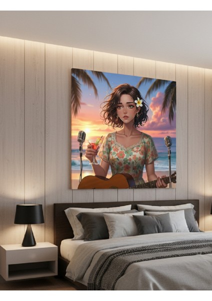 Tropikal Gün Batımı ve Gitar Çalan Kız Kanvas Tablo | Anime/illüstrasyon Tarzı Sahil Tablo