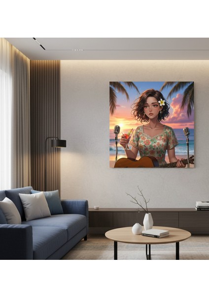 Tropikal Gün Batımı ve Gitar Çalan Kız Kanvas Tablo | Anime/illüstrasyon Tarzı Sahil Tablo fiyatları