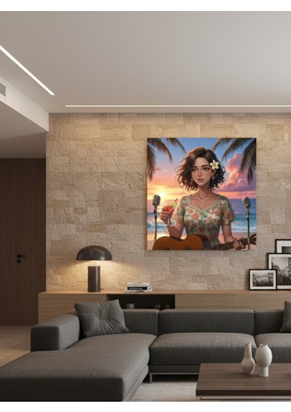 Tropikal Gün Batımı ve Gitar Çalan Kız Kanvas Tablo | Anime/illüstrasyon Tarzı Sahil Tablo modelleri