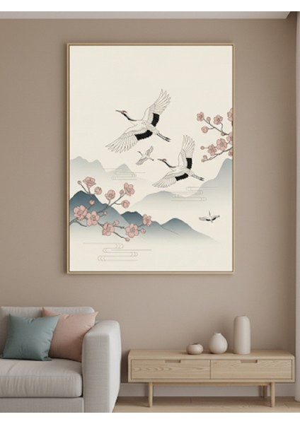 Sakinlik ve Huzur Veren Manzara Tablosu,japon Zarafeti Tablo,minimalist Japandi Kuş Çiçek Tablosu