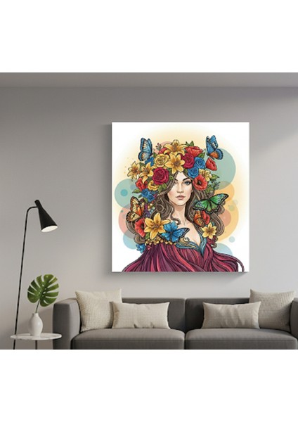 Canlı Renklerle Modern Sanat: Çiçekli Uçuşan Kelebekleriyle Büyüleyici Kadın Kanvas Tablosu