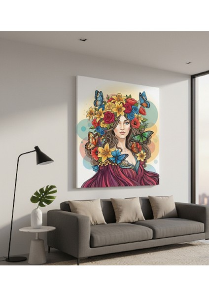 Canlı Renklerle Modern Sanat: Çiçekli Uçuşan Kelebekleriyle Büyüleyici Kadın Kanvas Tablosu fiyatları