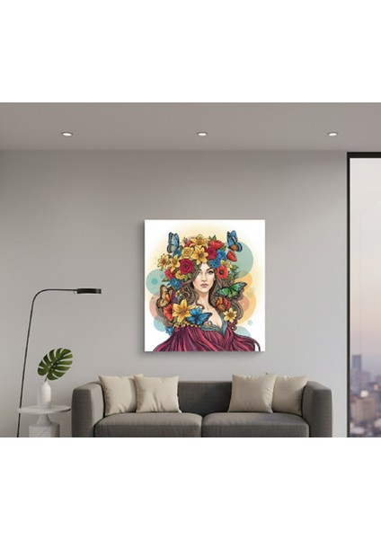 Canlı Renklerle Modern Sanat: Çiçekli Uçuşan Kelebekleriyle Büyüleyici Kadın Kanvas Tablosu modelleri