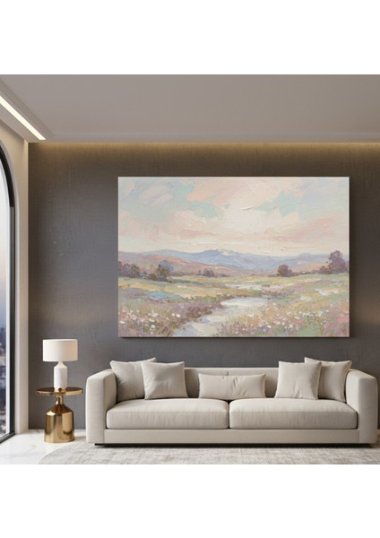 Soft Pastel Tonlarda Yağlıboya Efektli Kanvas Tablo | Huzurlu Bahar Peyzajı Tablo