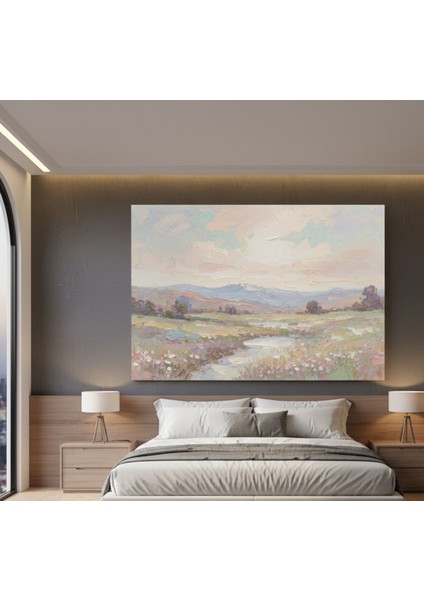 Soft Pastel Tonlarda Yağlıboya Efektli Kanvas Tablo | Huzurlu Bahar Peyzajı Tablo fiyatları
