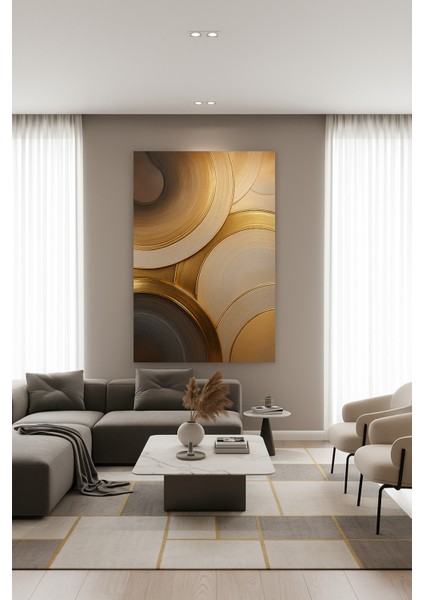 Lüks Soyut Altın Gri Daireler Kanvas Tablo | Modern Salon Dekorasyonu Baskı