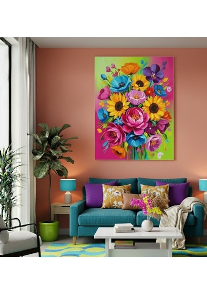 Canlı Renkli Yağlı Boya Efektli Çiçek Buketi Kanvas Tablo, Oturma Odası Için Çok Renkli Tablo