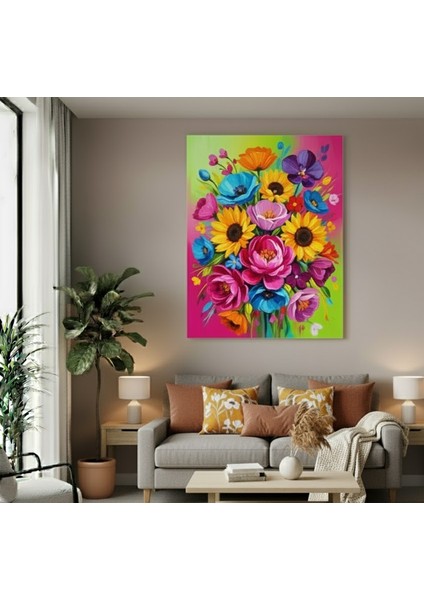 Canlı Renkli Yağlı Boya Efektli Çiçek Buketi Kanvas Tablo, Oturma Odası Için Çok Renkli Tablo fiyatları