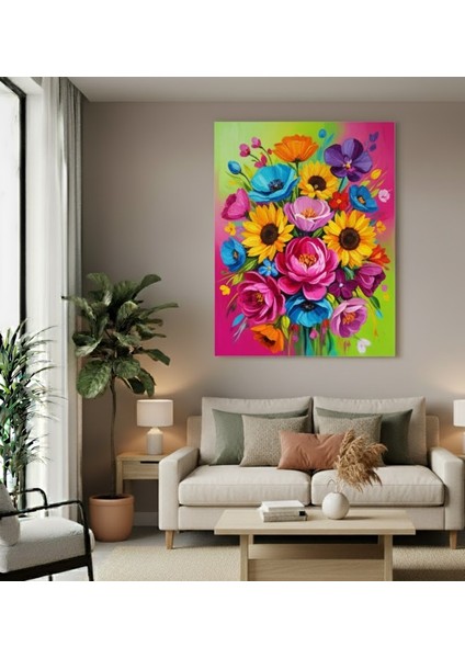 Canlı Renkli Yağlı Boya Efektli Çiçek Buketi Kanvas Tablo, Oturma Odası Için Çok Renkli Tablo modelleri