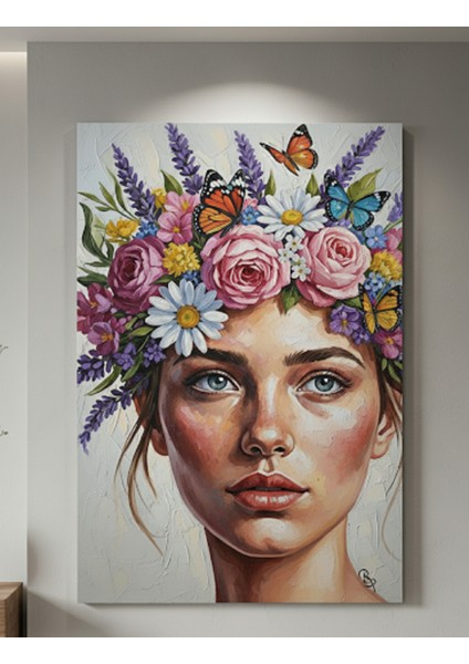 Çiçekler ve Kelebekler Kadın Portresi Kanvas Sanatı | Evinize Renk Katın Modern Tablo