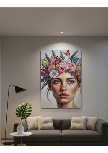 Çiçekler ve Kelebekler Kadın Portresi Kanvas Sanatı | Evinize Renk Katın Modern Tablo fiyatları