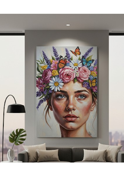 Çiçekler ve Kelebekler Kadın Portresi Kanvas Sanatı | Evinize Renk Katın Modern Tablo modelleri