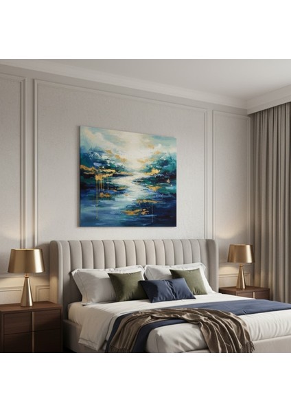 Lüks Dekorasyon: Soyut Mavi Yeşil Altın Detaylı Deniz Manzarası Kanvas Tablo fiyatları
