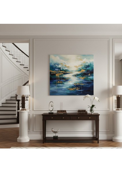 Lüks Dekorasyon: Soyut Mavi Yeşil Altın Detaylı Deniz Manzarası Kanvas Tablo modelleri