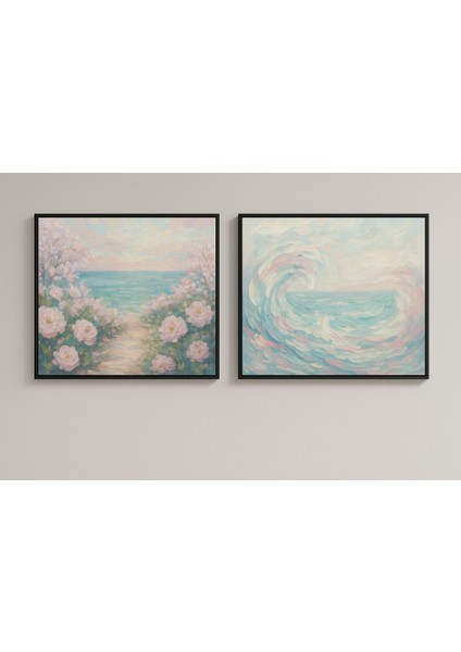 Romantik Deniz Manzarası Ikili Tablo Seti: Pastel Gül Bahçesi ve Soyut Temalı Çerçeveli Tablo Seti fiyatları