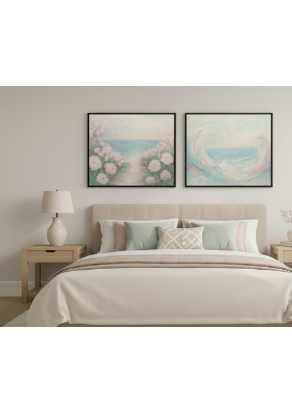 Romantik Deniz Manzarası Ikili Tablo Seti: Pastel Gül Bahçesi ve Soyut Temalı Çerçeveli Tablo Seti modelleri