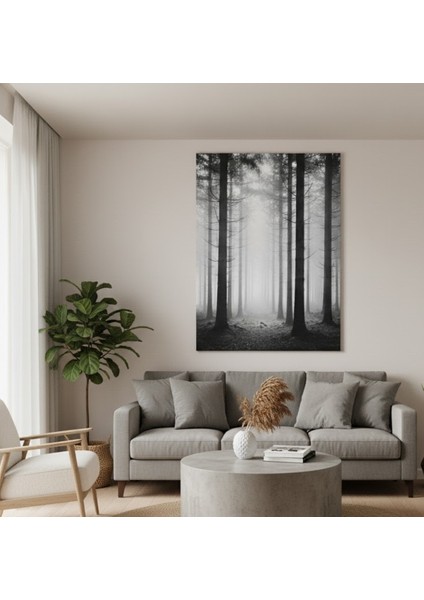 Minimalist ve Gotik Tarz Dikey Orman Manzarası Tablosu, Siyah Beyaz Kanvas Tablo, Doğa Tablo