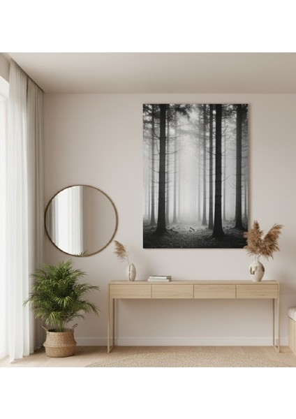 Minimalist ve Gotik Tarz Dikey Orman Manzarası Tablosu, Siyah Beyaz Kanvas Tablo, Doğa Tablo modelleri