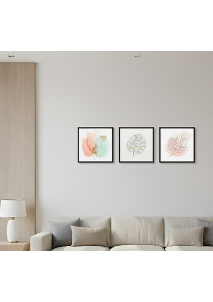 3'lü Çerçeveli Soyut Boho Suluboya Efektli Minimalist Modern Tablo Seti