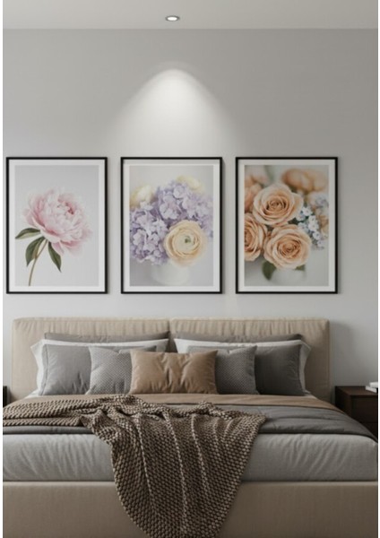 3'lü Pastel Çerçeveli Çiçek Tablosu Seti,romantik Çiçek Desenli 3 Parça Tablo Seti