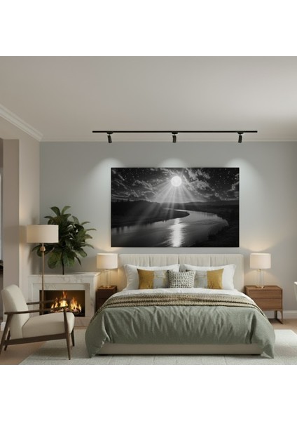 Siyah Beyaz Dolunay Nehir Kanvas Tablo, Siyah Beyaz Doğa Tablosu, Yıldızlı Gökyüzü Monokrom Tablo