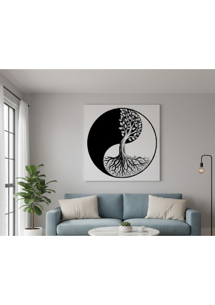 Yin Yang ve Hayat Ağacı Kanvas Tablo | Siyah Beyaz Zen Tablo| Ev ve Ofis Tablo