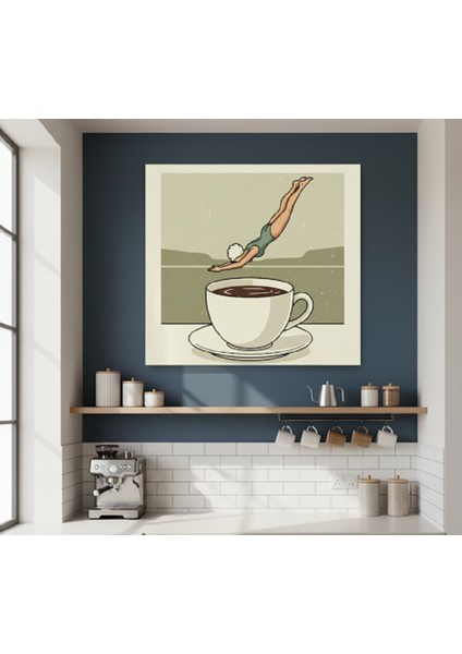 Kahve Severlere Özel Dalış Yapan Yüzücü Kanvas Tablo,retro Tarzda Komik Kahve Temalı Duvar Sanatı