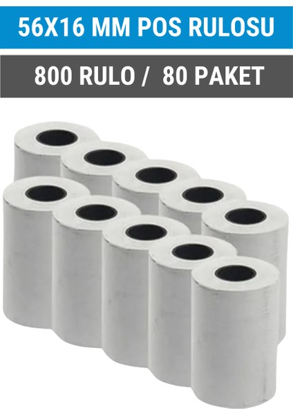 56x16mm Termal Pos Rulosu | 80 Paket | 800 Rulo | Ribonsuz | Perakende, Kafe, Market | Pos Yazıcı