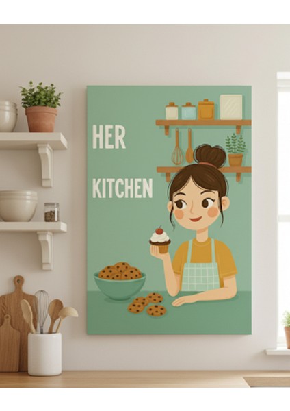 Modern Mutfak Kanvas Tablo: Yeşil ve Kahve Tonlarında "her Kitchen" Yazılı, Cupcake Kanvas