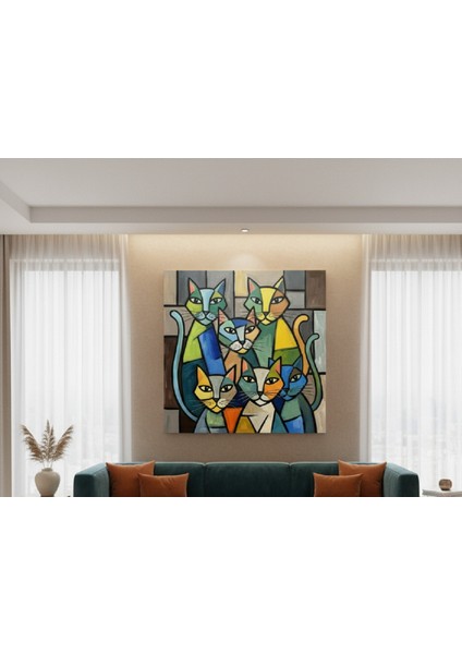 Soyut Kedi Ailesi Kanvas Tablo, Salon, Oturma Odası Tablosu, Modern Renkli Kedi Ailesi Tablosu
