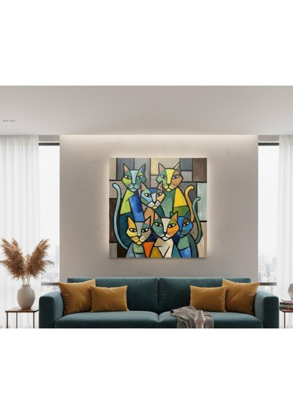 Soyut Kedi Ailesi Kanvas Tablo, Salon, Oturma Odası Tablosu, Modern Renkli Kedi Ailesi Tablosu fiyatları