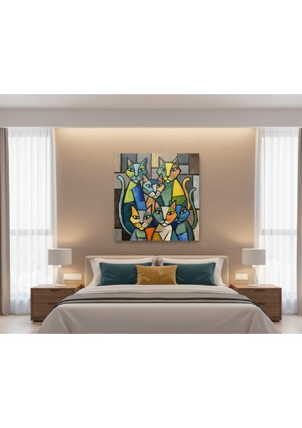 Soyut Kedi Ailesi Kanvas Tablo, Salon, Oturma Odası Tablosu, Modern Renkli Kedi Ailesi Tablosu modelleri