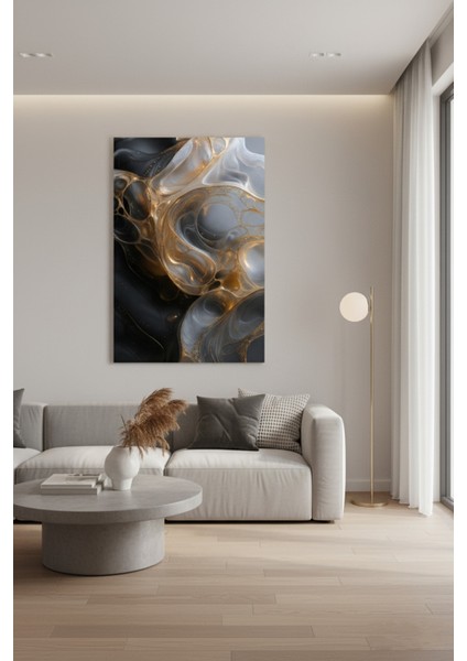 Lüks Soyut Kanvas Tablo | Siyah, Altın ve Gri Mermer Görünümlü Baskı