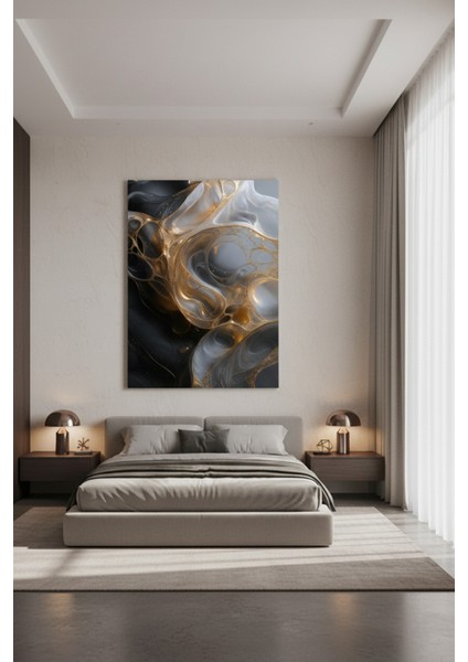 Lüks Soyut Kanvas Tablo | Siyah, Altın ve Gri Mermer Görünümlü Baskı modelleri