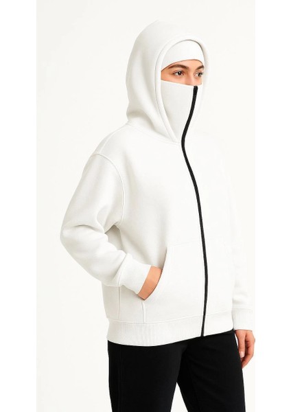 Kadın Samuray Ninja Çift Kapşonlu Zıp Fermuarlı Kanguru Çepli Hoodie Maske Detaylı Swetshirt - Beyaz