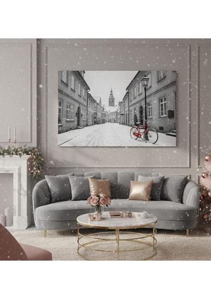Siyah Beyaz Karla Kaplı Sokak Kanvas Tablo | Kırmızı Bisiklet Detaylı Duvar Sanatı