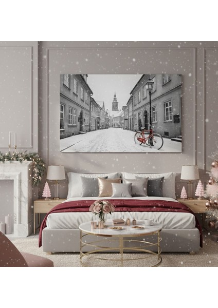 Siyah Beyaz Karla Kaplı Sokak Kanvas Tablo | Kırmızı Bisiklet Detaylı Duvar Sanatı fiyatları