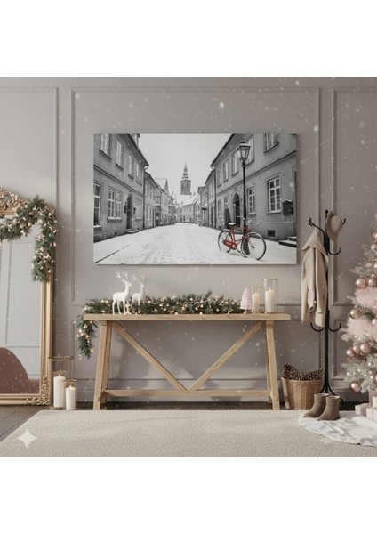 Siyah Beyaz Karla Kaplı Sokak Kanvas Tablo | Kırmızı Bisiklet Detaylı Duvar Sanatı modelleri