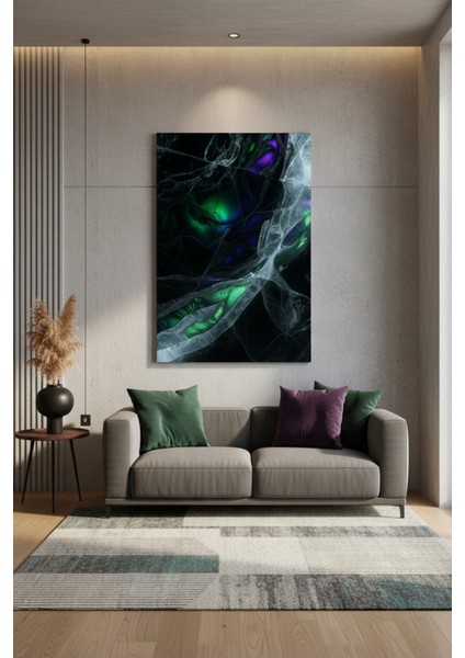 Lüks Soyut Sanat Kanvas Tablo | Mor Yeşil Enerji Akışı | Modern Salon Duvar Dekoru