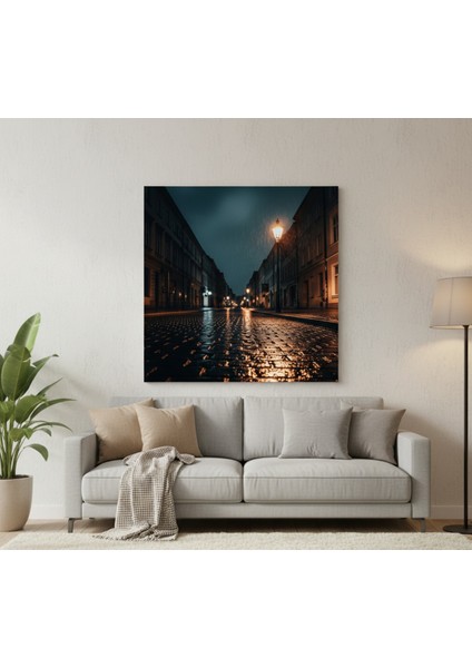 Sessiz Gece Şehri Kanvas Tablo, Yağmurlu Gece Romantik Tablo, Romantik Manzara Tablosu