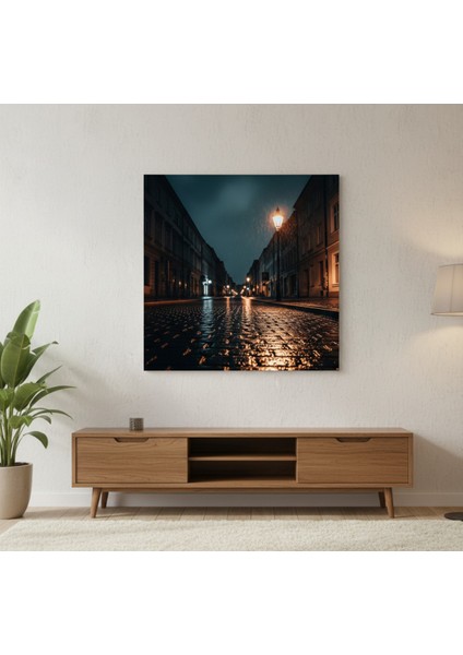 Sessiz Gece Şehri Kanvas Tablo, Yağmurlu Gece Romantik Tablo, Romantik Manzara Tablosu fiyatları