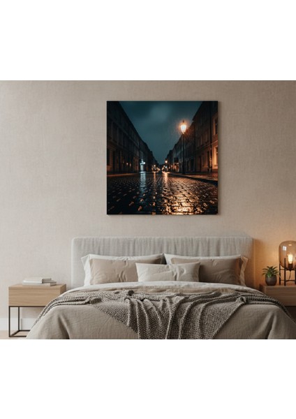 Sessiz Gece Şehri Kanvas Tablo, Yağmurlu Gece Romantik Tablo, Romantik Manzara Tablosu modelleri