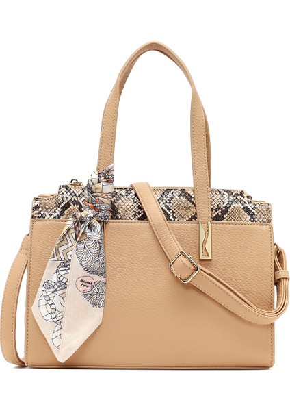 Kadın Bej Uzun Askılı Desenli Kol Çantası 25WBD285814