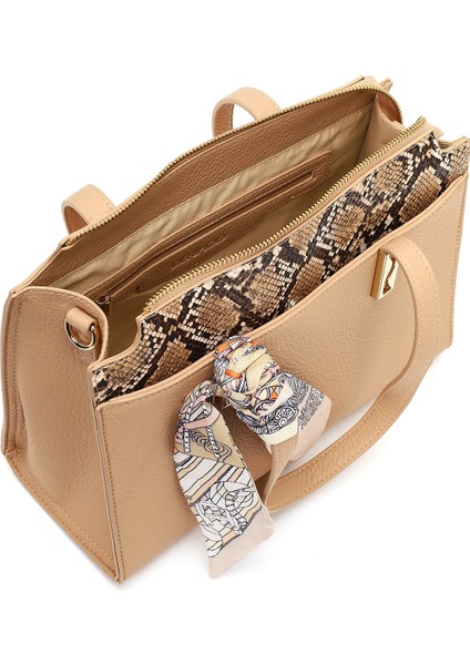 Kadın Bej Uzun Askılı Desenli Kol Çantası 25WBD285814