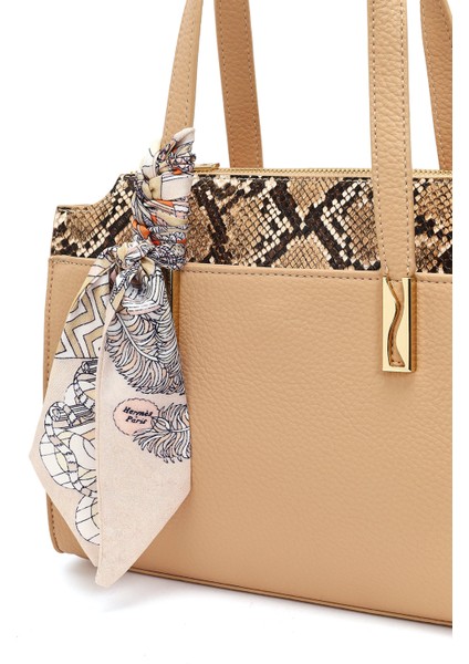 Kadın Bej Uzun Askılı Desenli Kol Çantası 25WBD285814